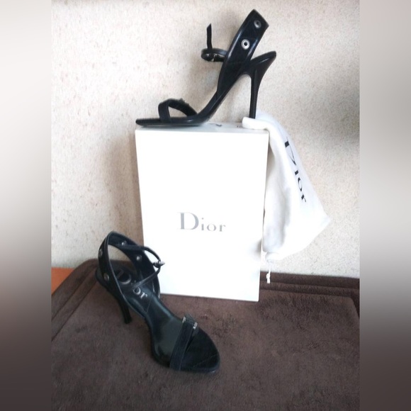 Dior black suede & leather heeled sandals with silver tone detailing in size 37 - Picture 2 of 7